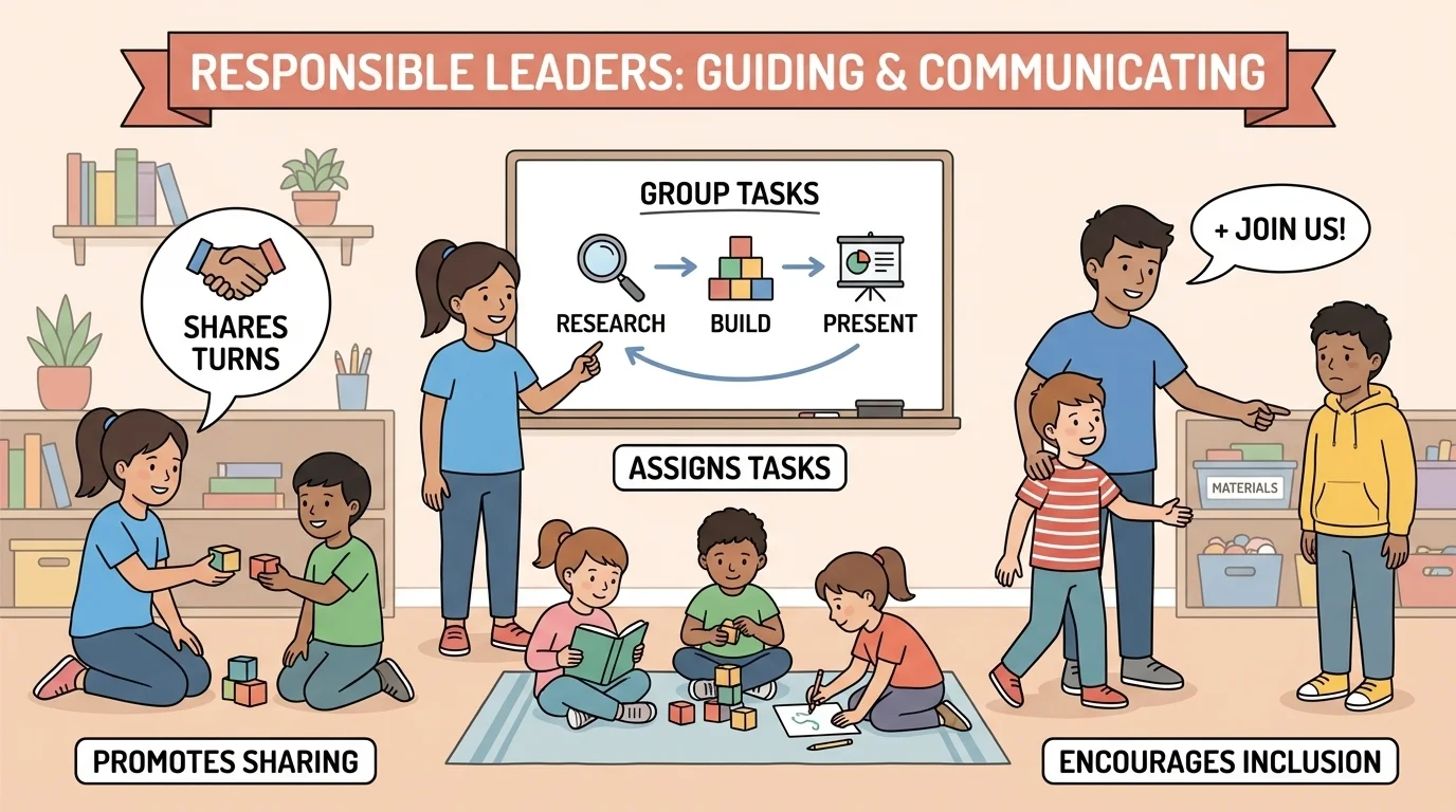 children in a classroom group with one child leader pointing to tasks, sharing turns, and helping another child join