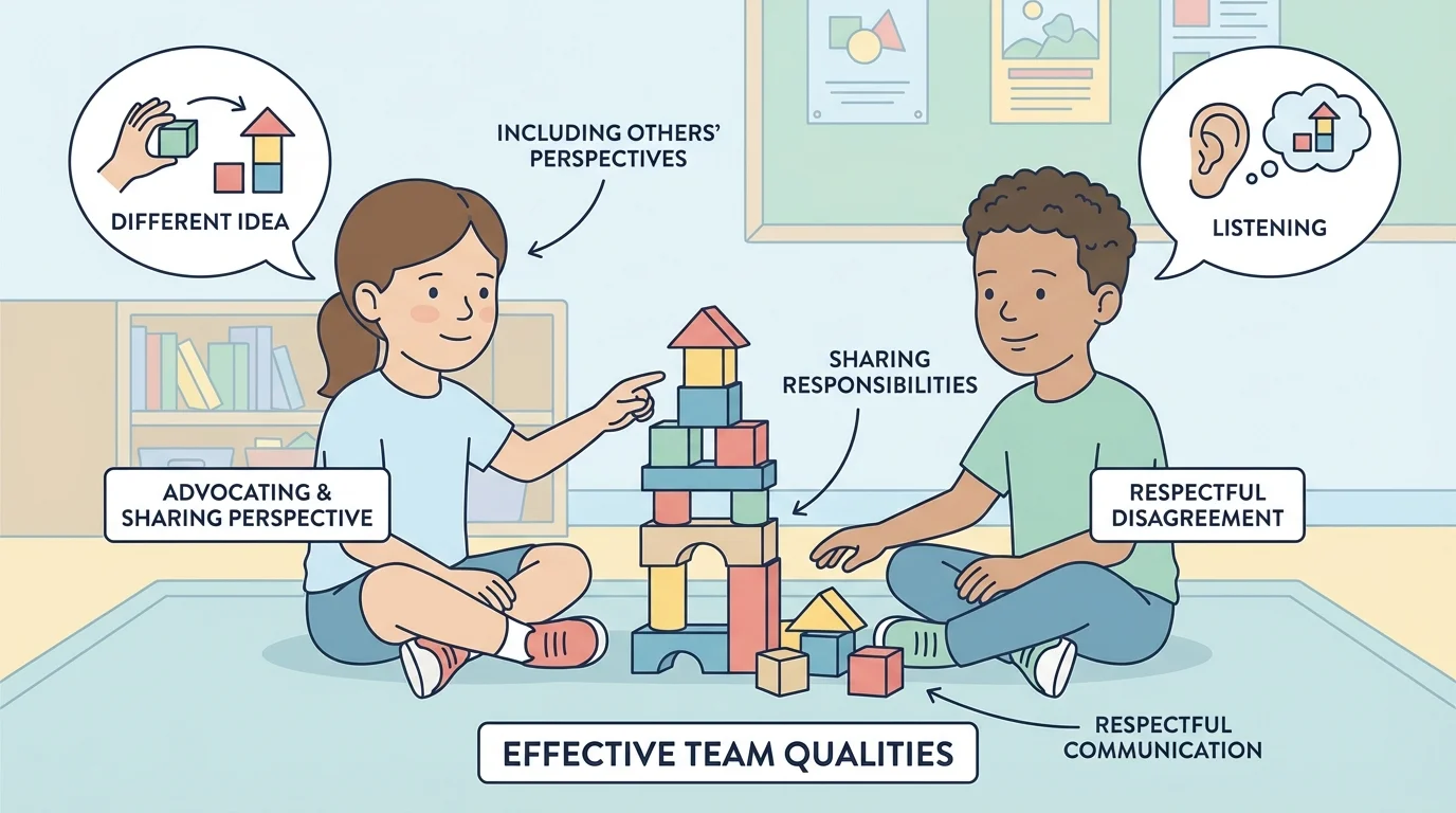 Two first-grade students discussing different ways to build a block tower, taking turns speaking and listening politely