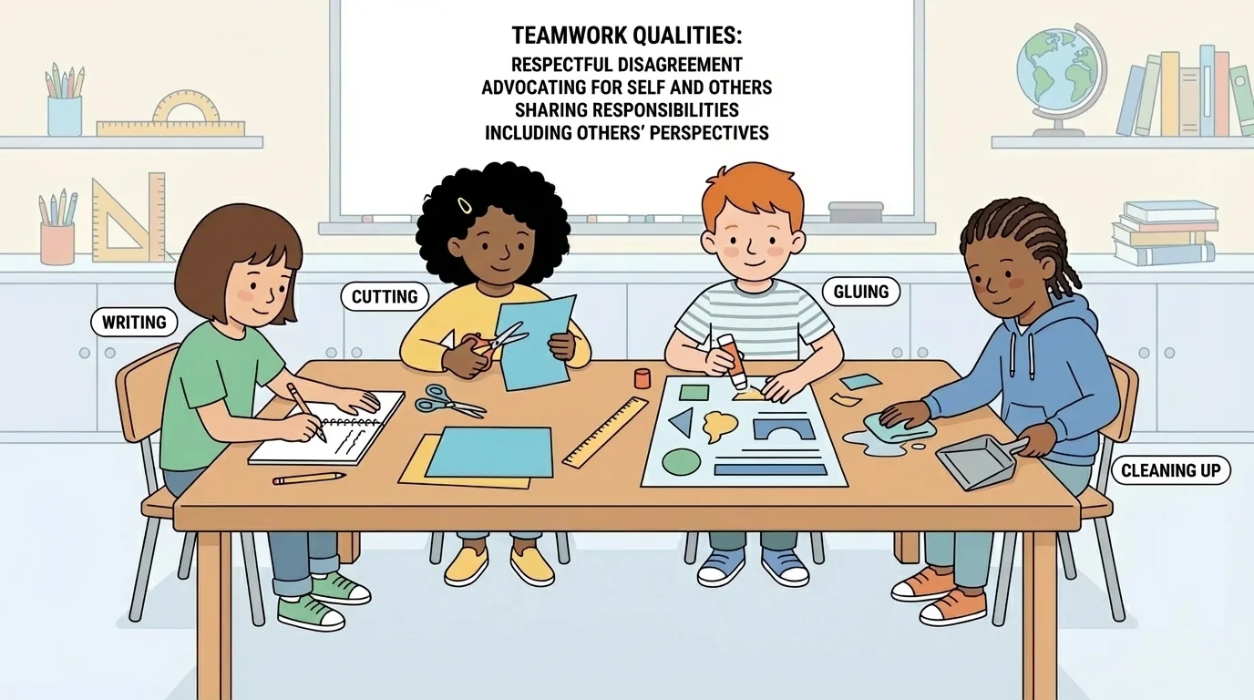 Four children in a classroom team sharing responsibilities, with one writing, one cutting, one gluing, and one cleaning up