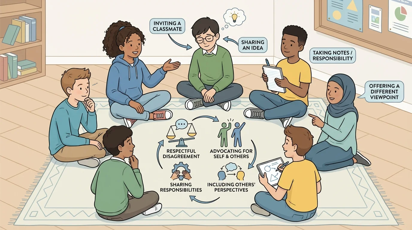 Classroom group sitting in a circle, listening as each child shares an idea, with one student inviting a quieter classmate to join