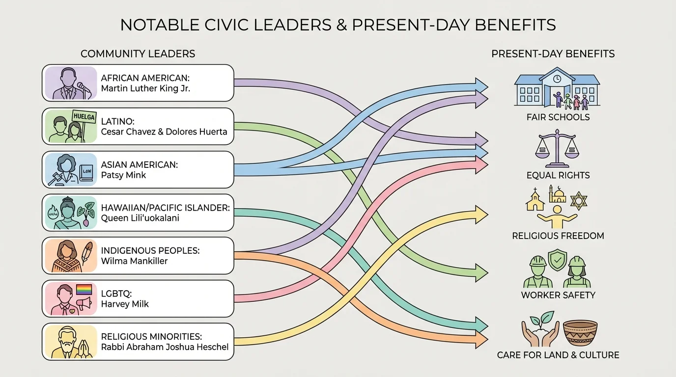 Comparison chart linking notable leaders to present-day benefits such as fair schools, equal rights, religious freedom, worker safety, and care for land and culture