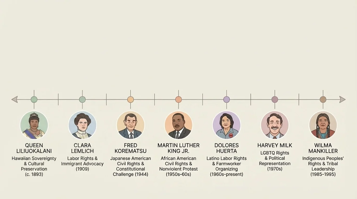 Simple timeline with small portraits or icons for Martin Luther King Jr., Dolores Huerta, Fred Korematsu, Queen Liliuokalani, Wilma Mankiller, Harvey Milk, and Clara Lemlich