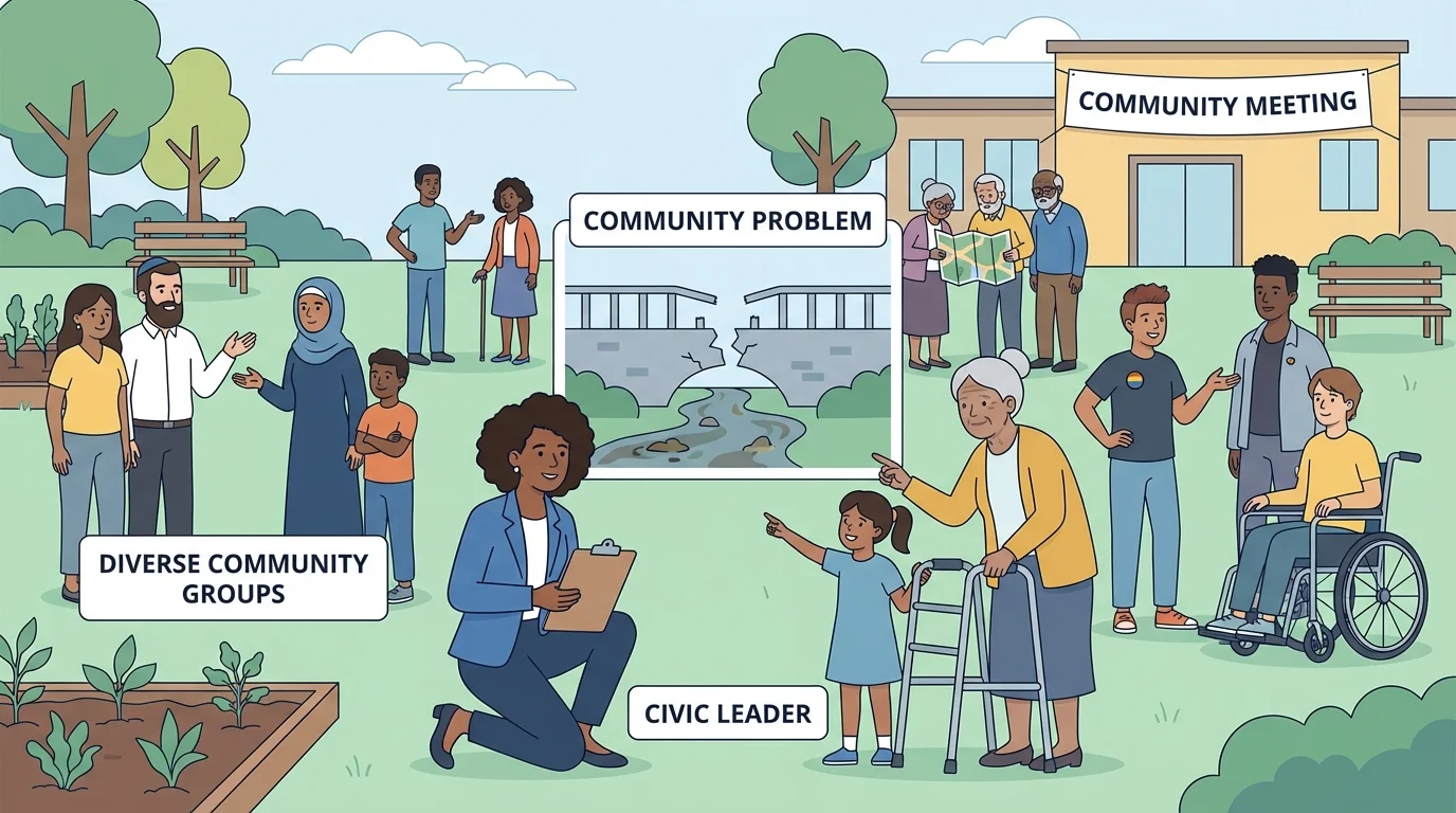 Diverse neighborhood meeting with one leader listening to children, elders, and families while people discuss a community problem together