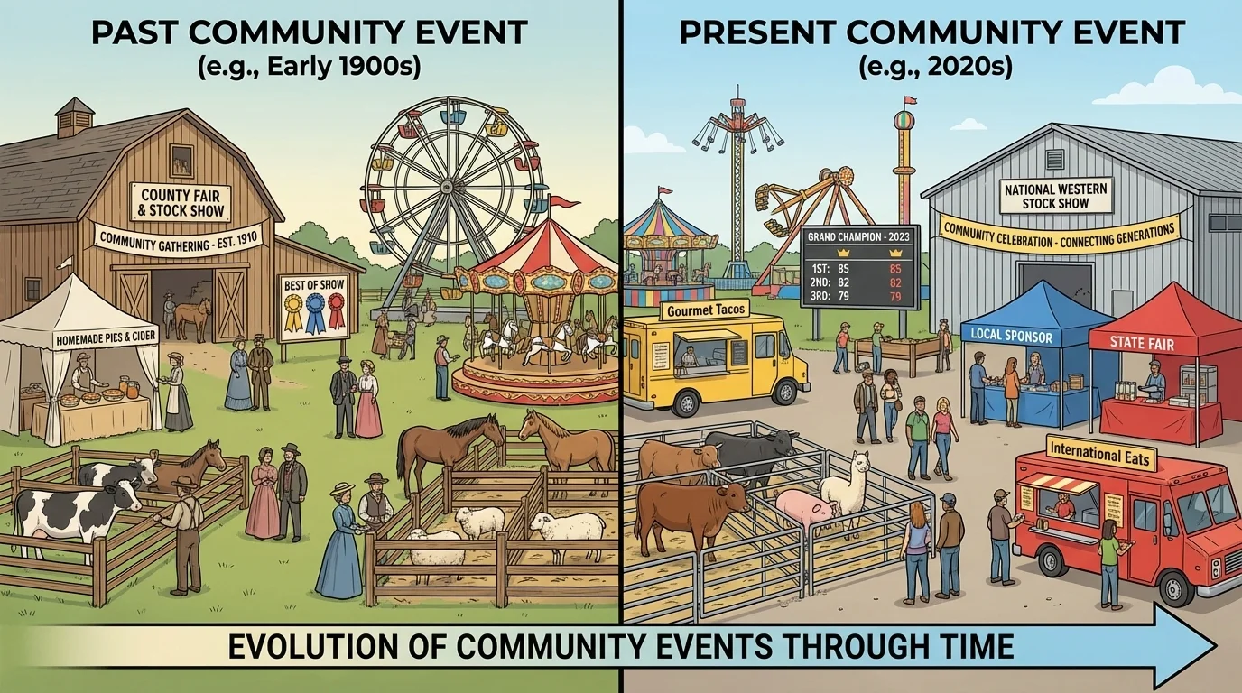 Illustration of a county fair and stock show scene with livestock, food booths, rides, ribbons, and families gathering