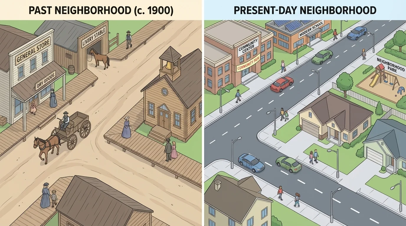 Side-by-side illustration of a past neighborhood with dirt roads, wagons, small shops, and a present-day neighborhood with paved streets, cars, park, and school