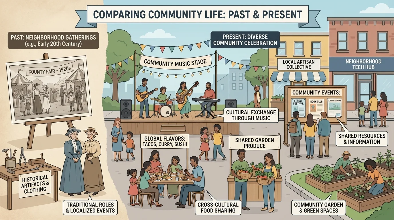 Community street scene with families from different cultures sharing foods, music, clothing, gardens, and store signs at a neighborhood celebration
