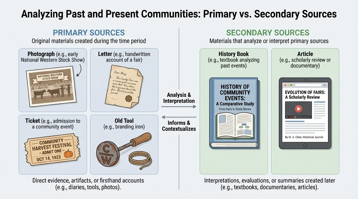 Chart comparing a photograph, letter, ticket, and old tool as primary sources with a history book and article as secondary sources