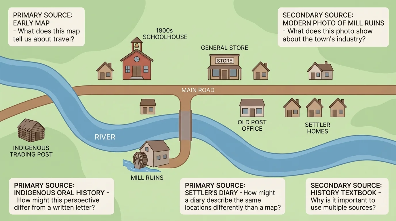 Simple historical town map with river, schoolhouse, main road, homes, and labels showing places people used long ago
