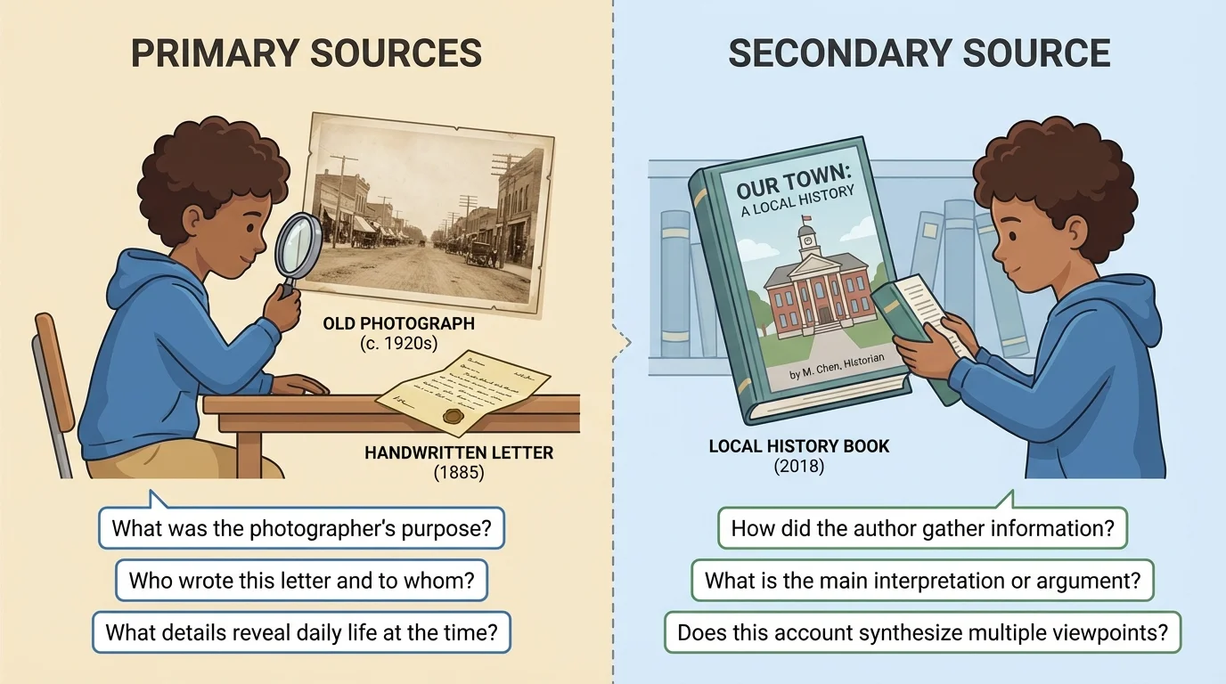 Side-by-side comparison of a child looking at an old photograph and letter labeled primary sources, and a local history book labeled secondary source