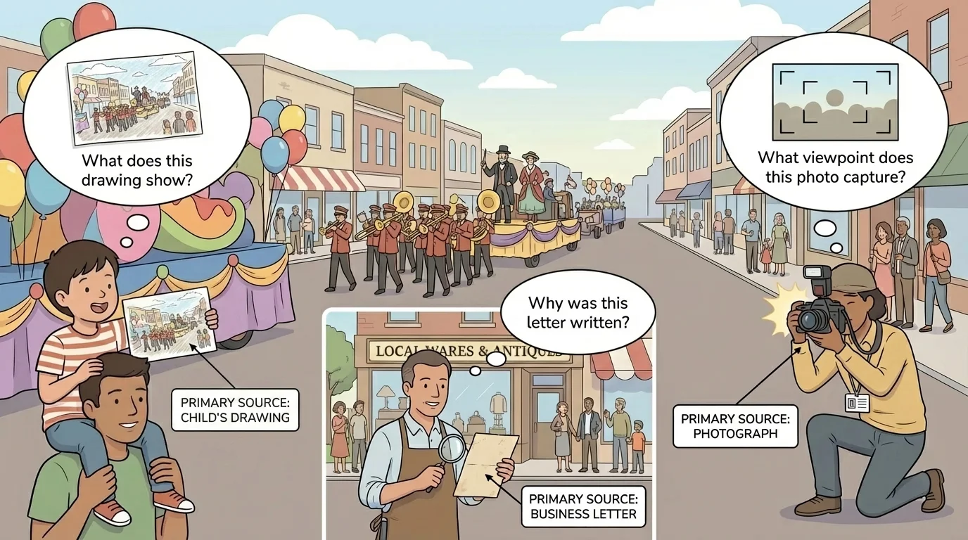 Community parade viewed by a child, a shop owner, and a photographer, each noticing different details