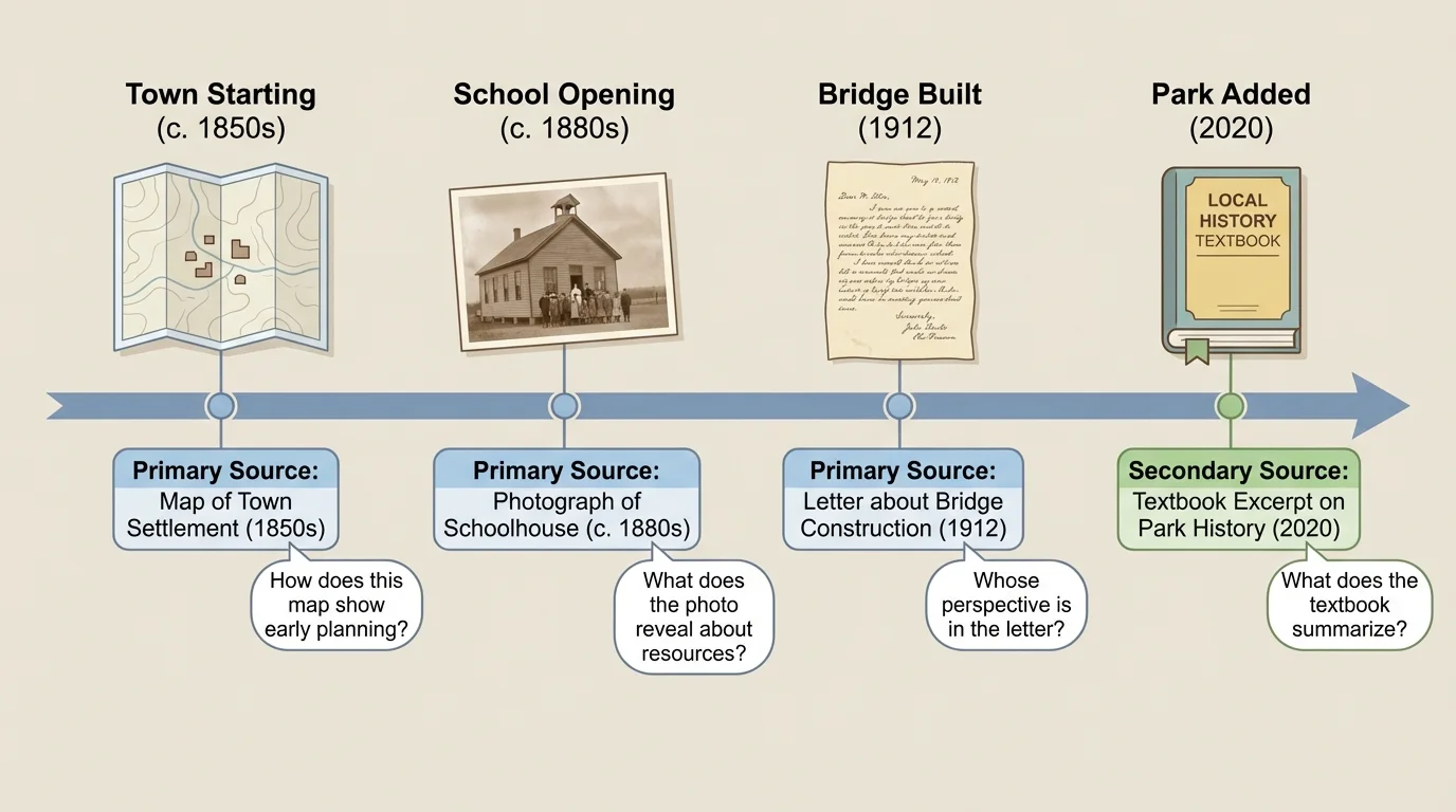 Timeline showing a town starting, a school opening, a bridge being built, and a park being added