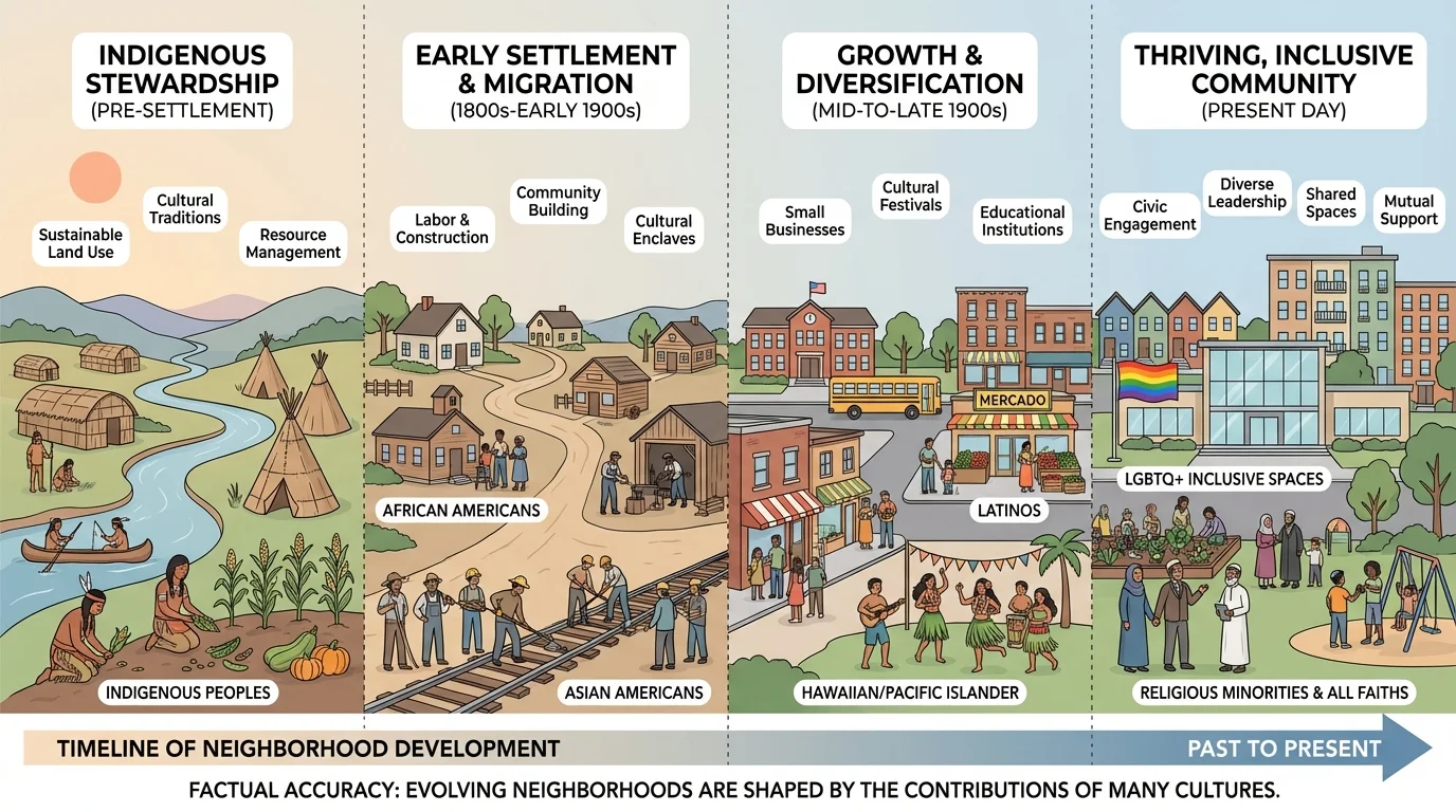 simple timeline of one neighborhood growing from Indigenous land to a town with many kinds of families, homes, school, stores, and community center