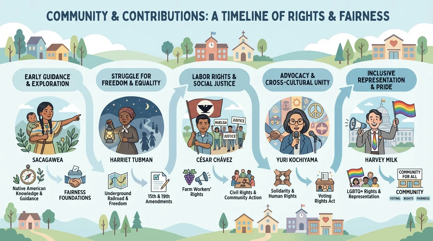child-friendly timeline with Sacagawea, Harriet Tubman, César Chávez, Yuri Kochiyama, and Harvey Milk, plus events about voting, rights, and community fairness