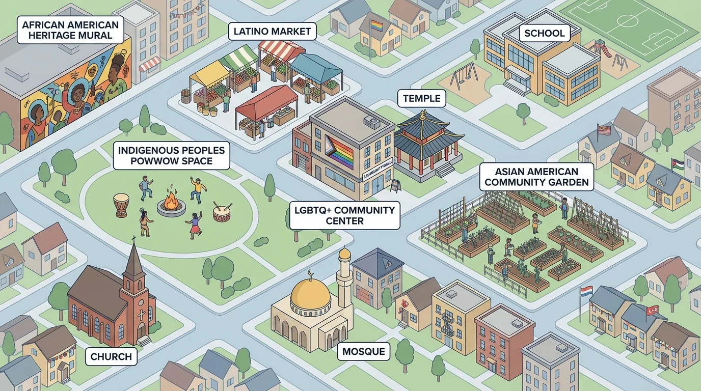 neighborhood map with labeled places showing cultural influences such as mural, market, powwow space, temple, church, mosque, school, and community garden