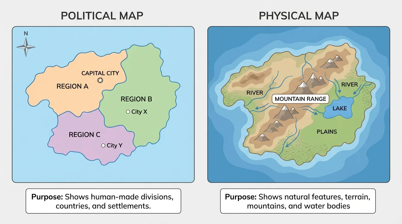 Side-by-side map of the same region, one political with borders and city names, one physical with mountains, rivers, and land colors
