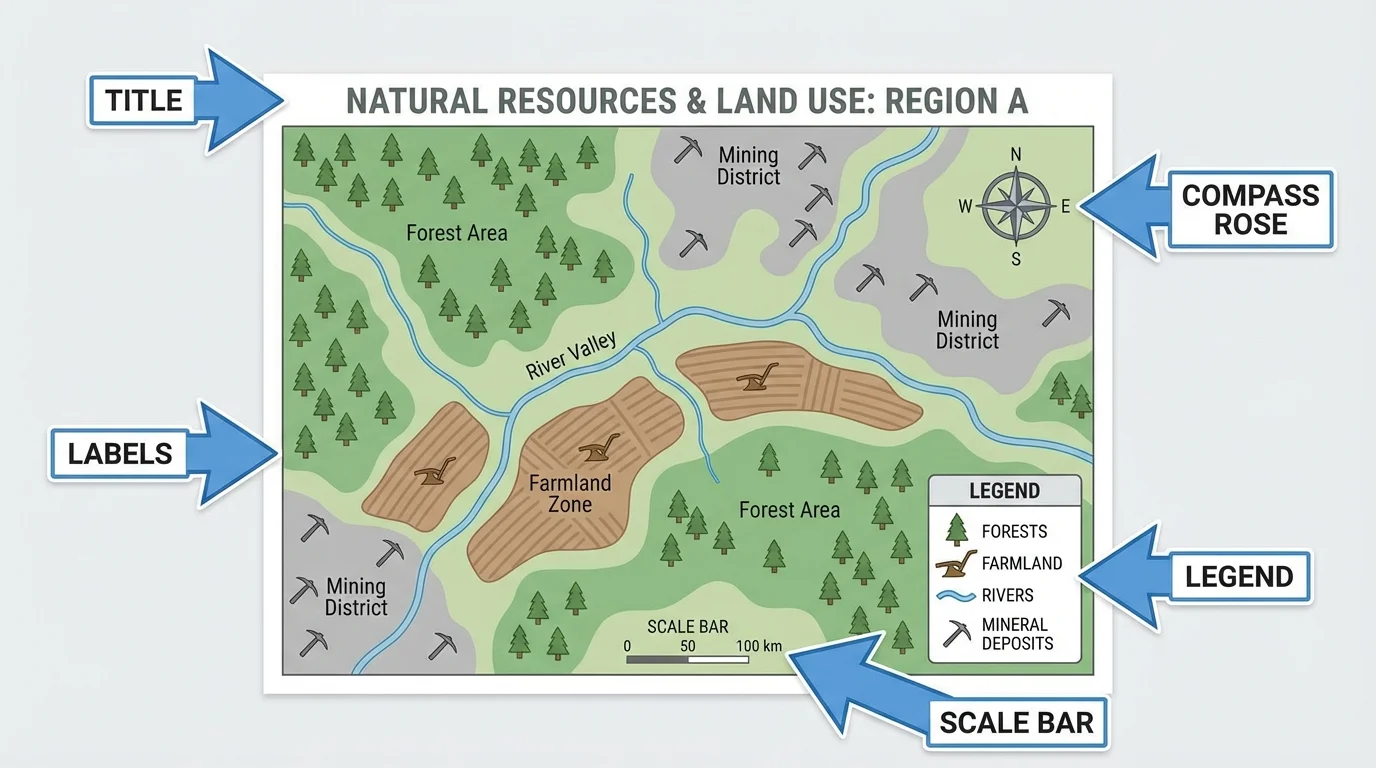 Classroom map with arrows pointing to title, legend, compass rose, labels, and scale bar