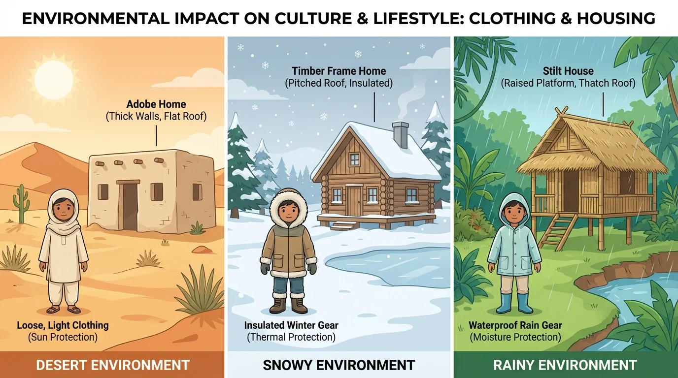Children and homes in desert, snowy, and rainy environments showing different clothing and house styles