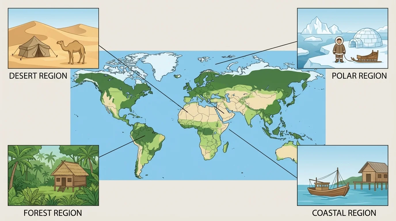 Simple world map highlighting desert, polar, forest, and coastal regions with small icons for tents, parkas, fishing boats, and wood homes