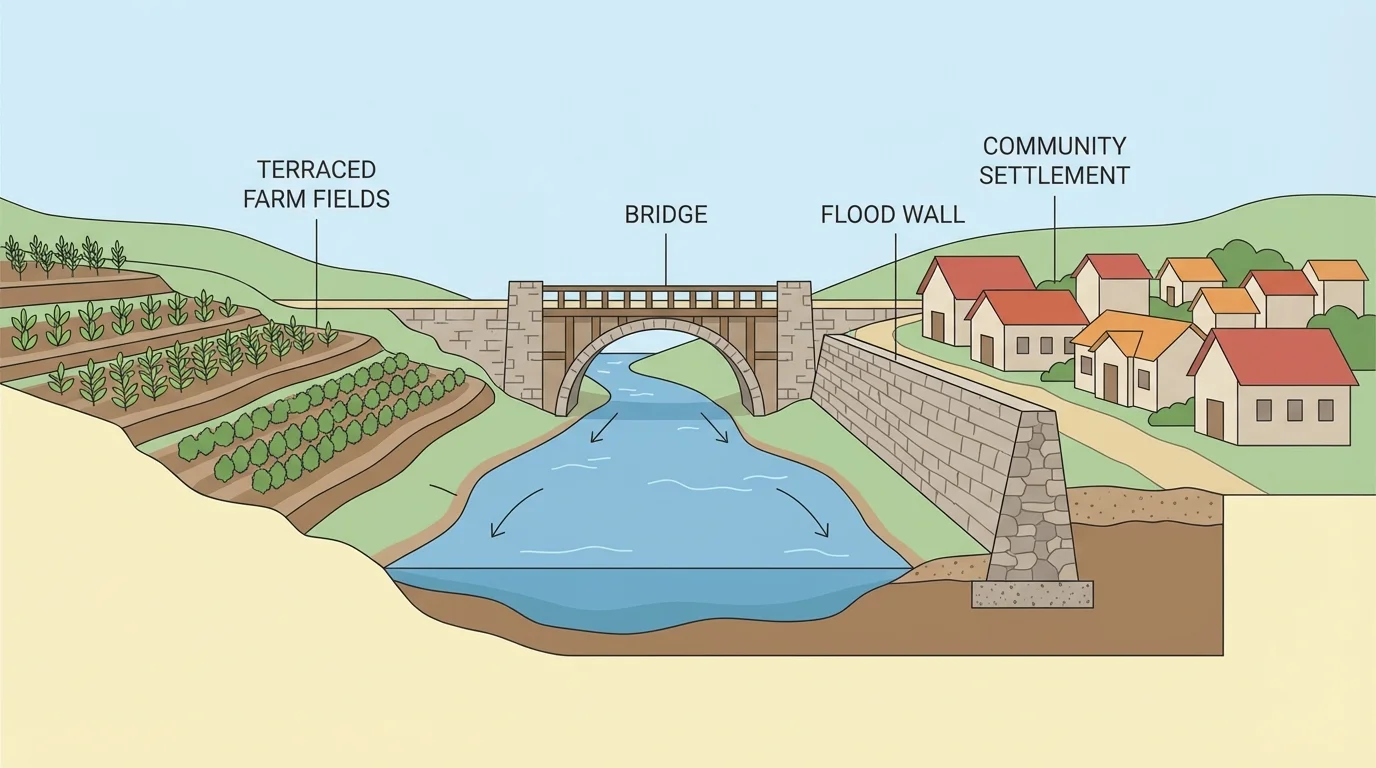 Community modifying environment with farm fields, a bridge over a river, and a wall protecting homes from water