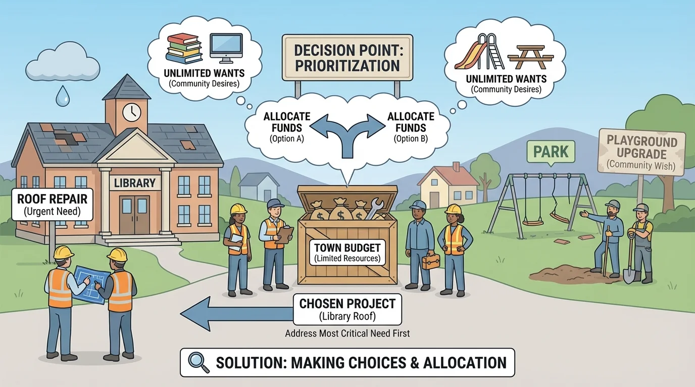 Small town scene with a library, park, and road crew, showing workers choosing what to fix first