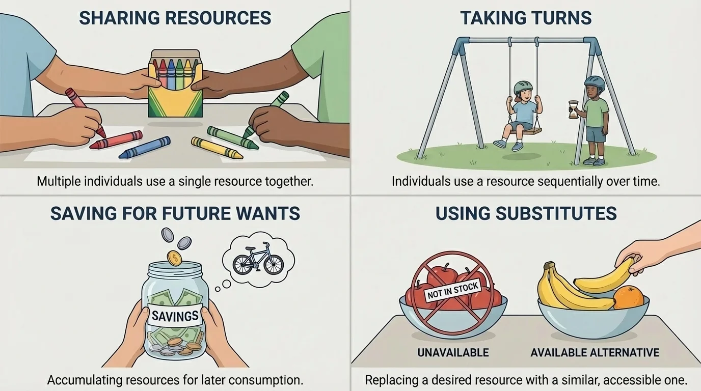 Four-panel chart showing sharing crayons, taking turns on swings, saving money in a jar, and using a banana instead of unavailable apples