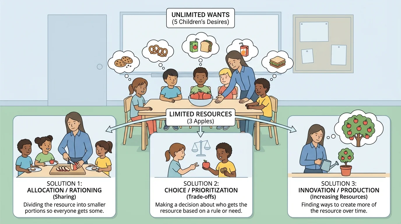 Classroom snack table with 5 children and only 3 apples, teacher helping students choose fairly