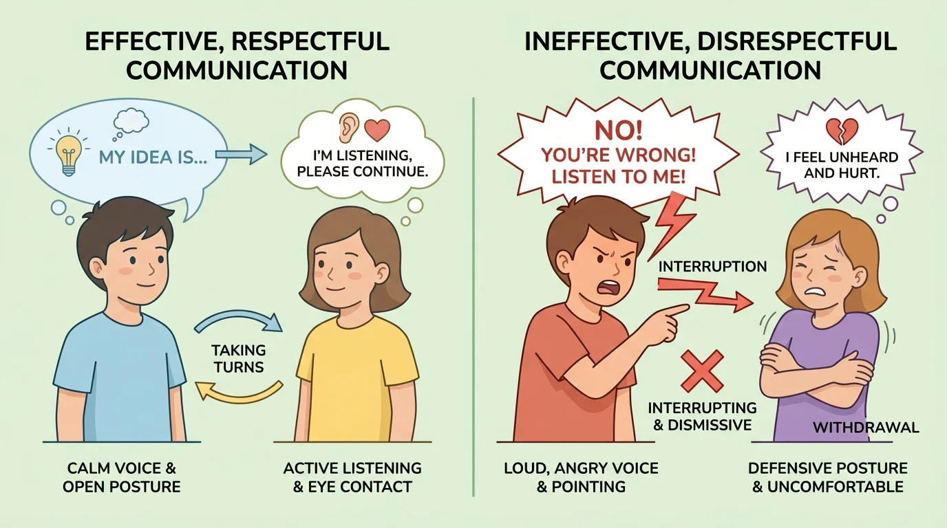 side-by-side illustration of two children talking, one with calm face, eye contact, and taking turns, the other interrupting and pointing angrily