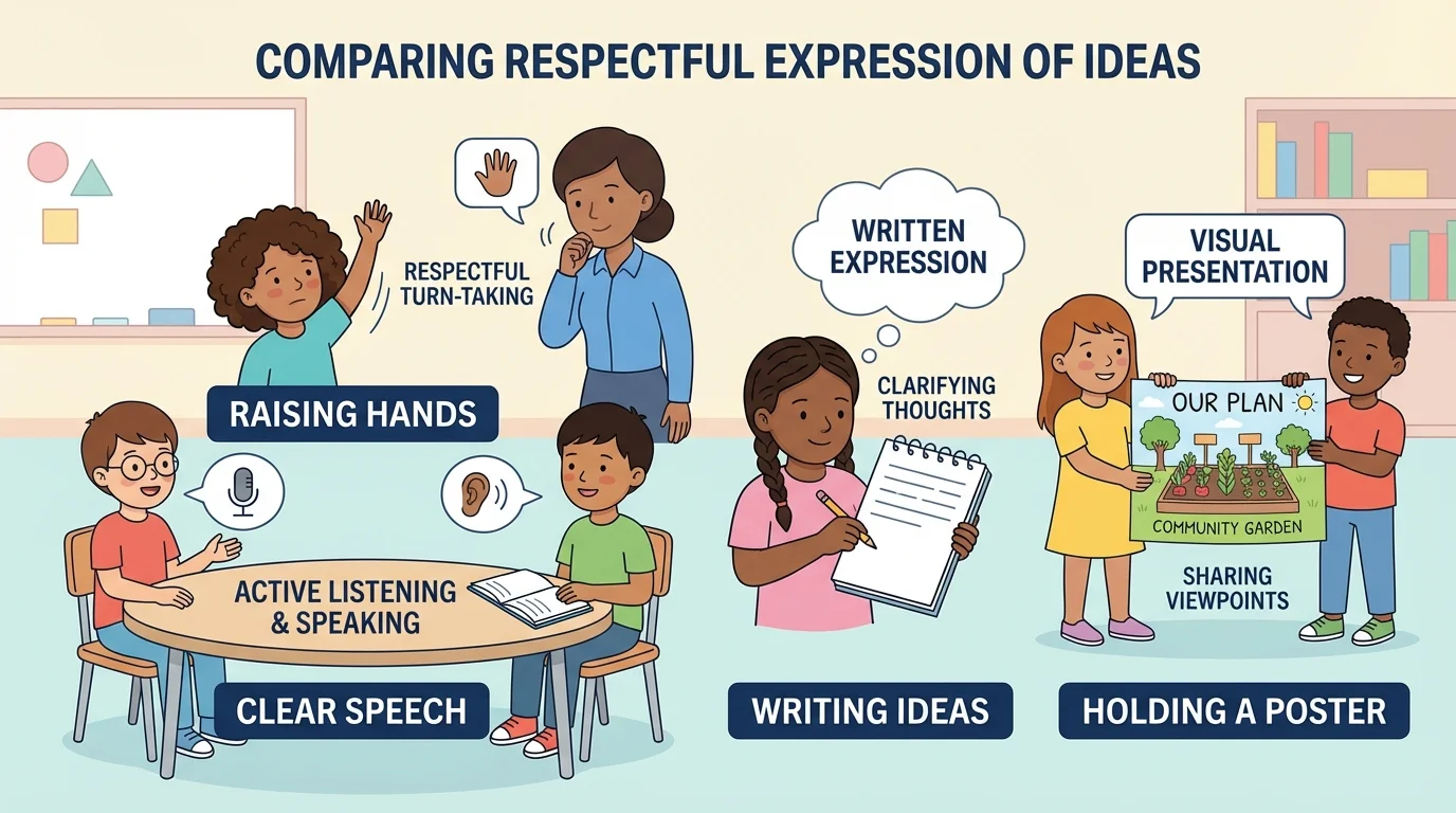 children in a classroom sharing ideas by raising hands, speaking, writing on paper, and holding a drawing poster