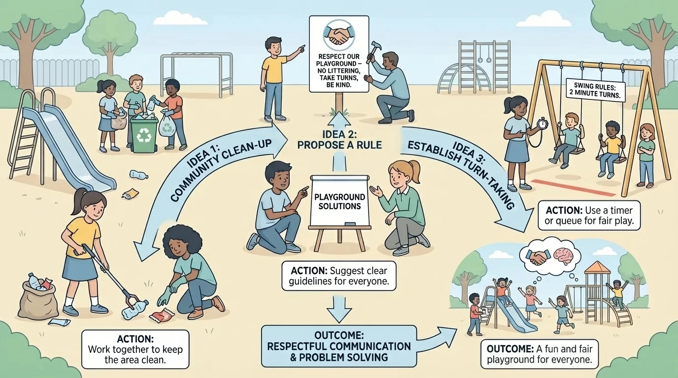children discussing a playground problem and choosing ideas like picking up trash, adding a rule sign, and taking turns on swings