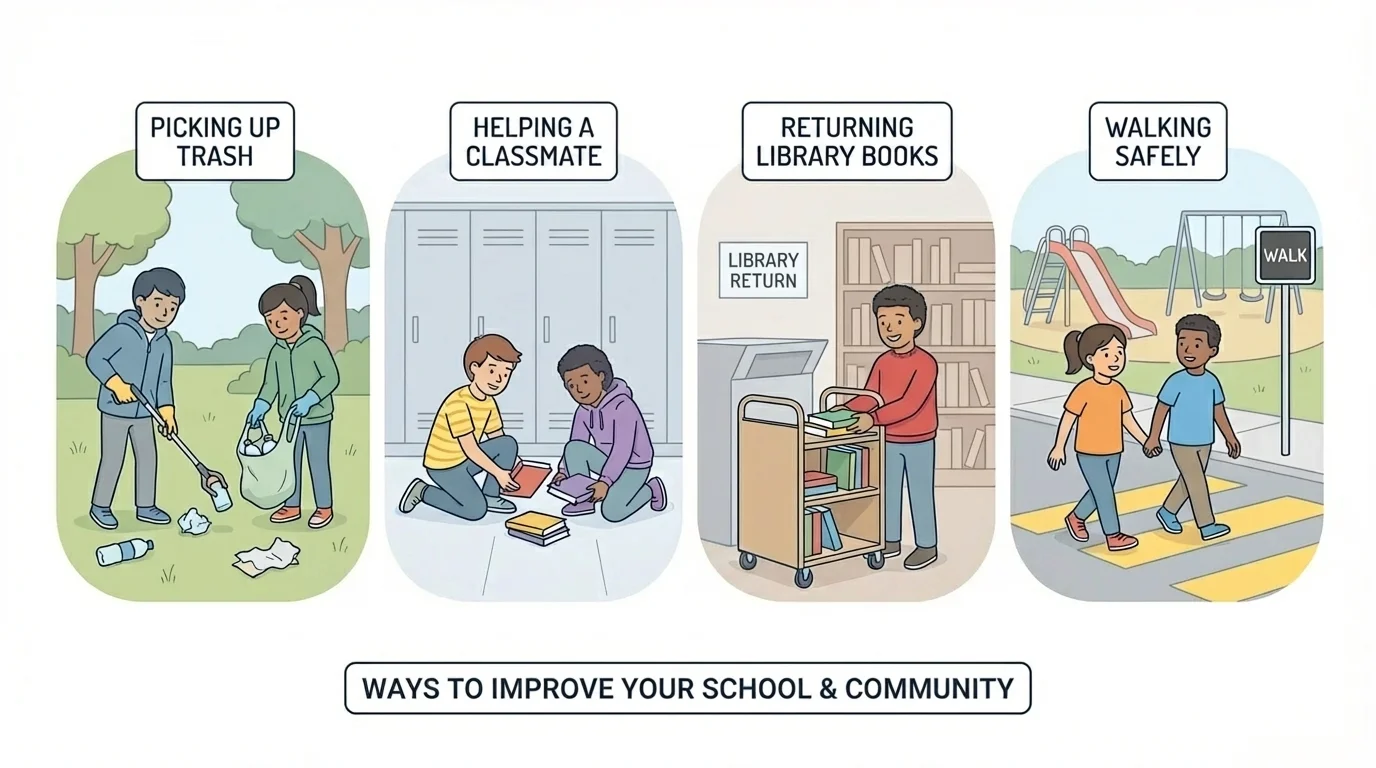 children picking up trash, helping a classmate, returning library books, and walking safely in a school hallway and playground