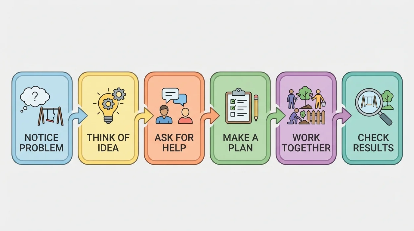flowchart with steps notice problem, think of idea, ask for help, make a plan, work together, check results