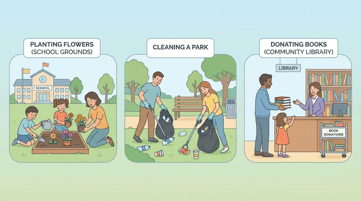 children and adults planting flowers, cleaning a park, and donating books at a community library