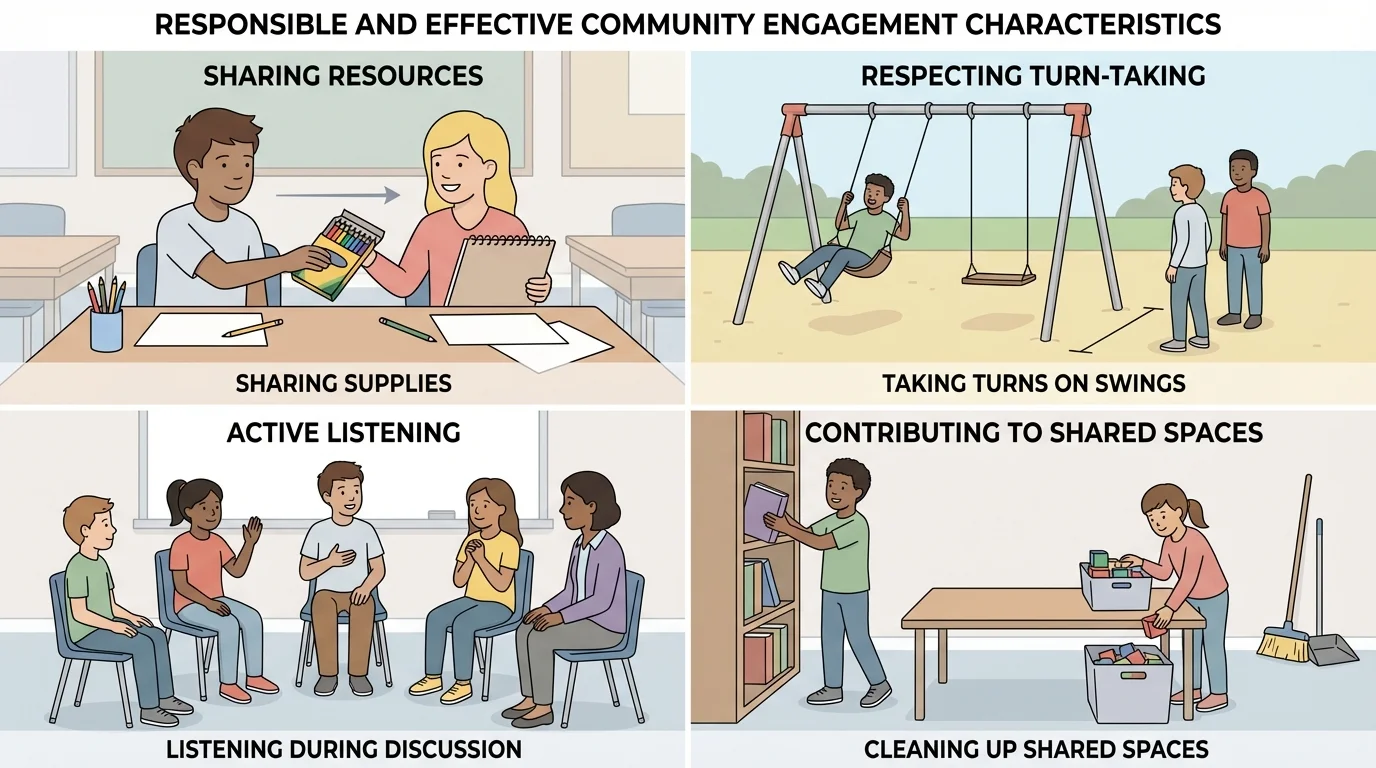 four-panel classroom and playground scene showing sharing supplies, taking turns on swings, listening during discussion, and cleaning up shared spaces