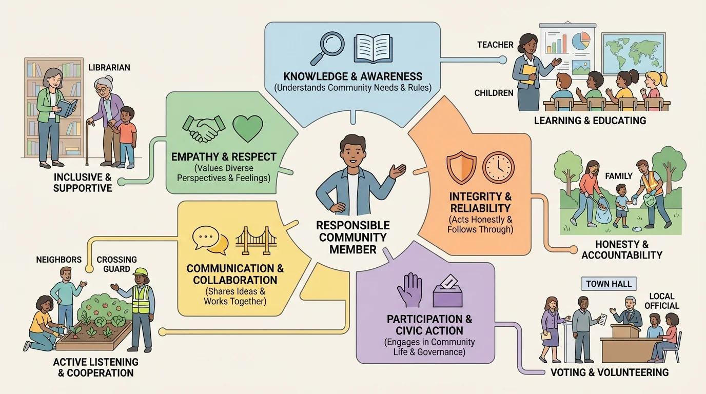 children, families, teacher, librarian, crossing guard, and neighbors in school and neighborhood settings, showing many people who make up a community