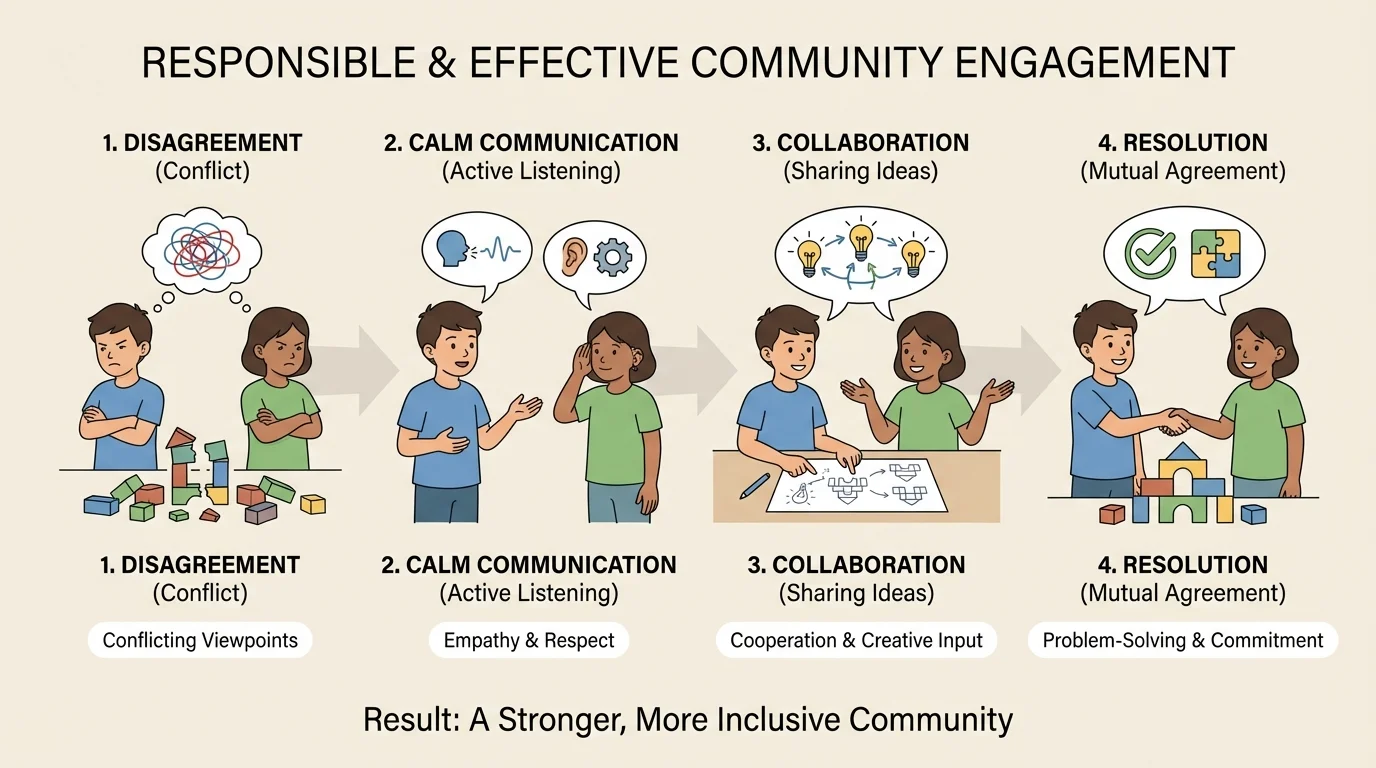 two children having a disagreement, then calm words, listening, sharing ideas, and agreeing on a solution