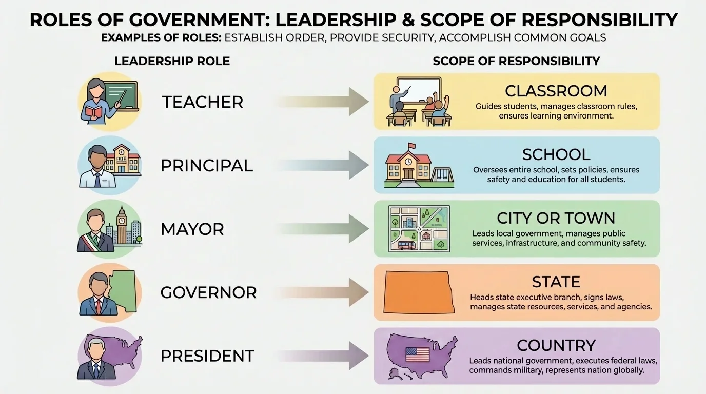 comparison chart with simple icons for teacher, principal, mayor, governor, and president matched to classroom, school, city or town, state, and country