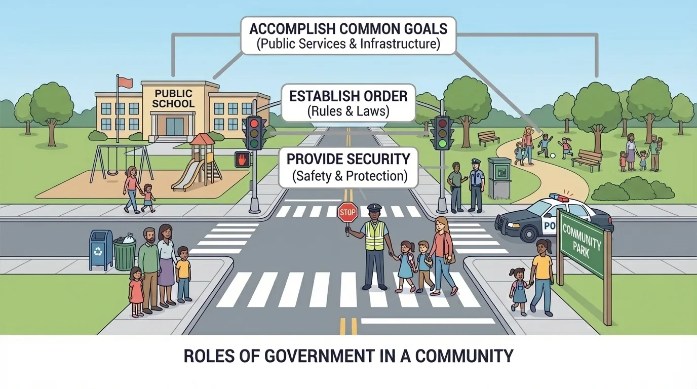 town scene with crosswalk, traffic light, school, park, and families following community rules safely