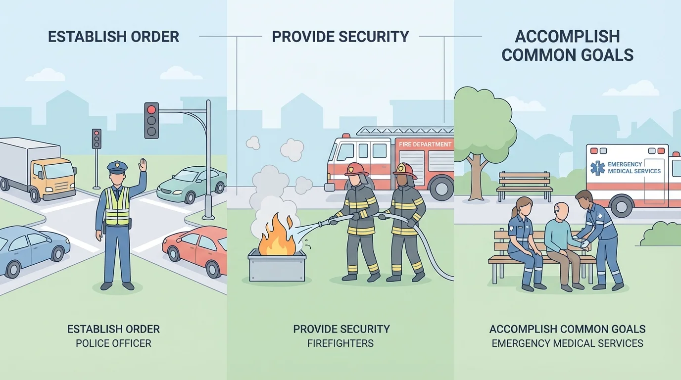 police officer directing traffic, firefighter helping at a small fire, and ambulance workers at a safe community emergency scene