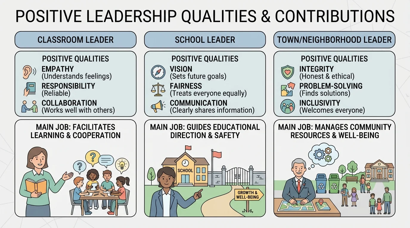 Chart comparing leaders in a classroom, school, and town or neighborhood, with each leader matched to one main job