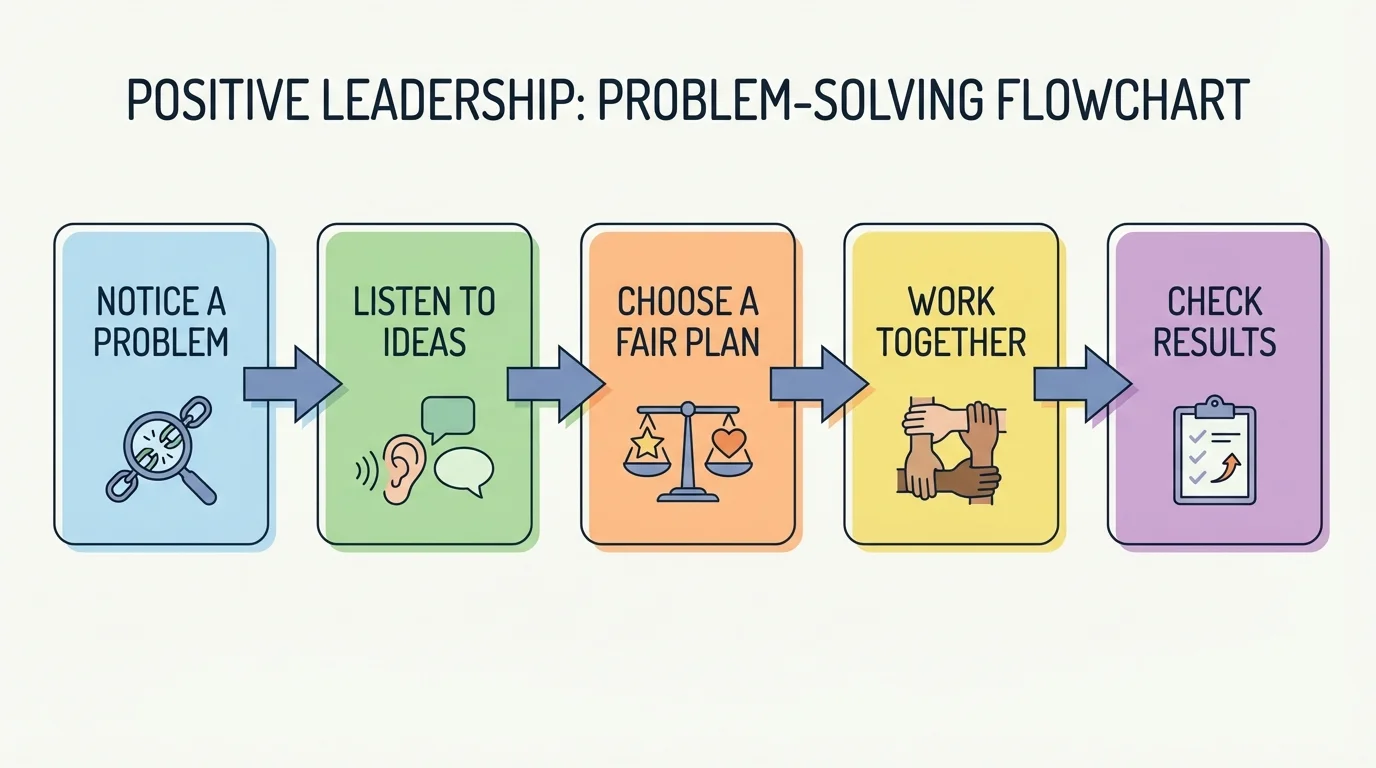 Simple problem-solving flowchart with boxes for notice a problem, listen to ideas, choose a fair plan, work together, and check results