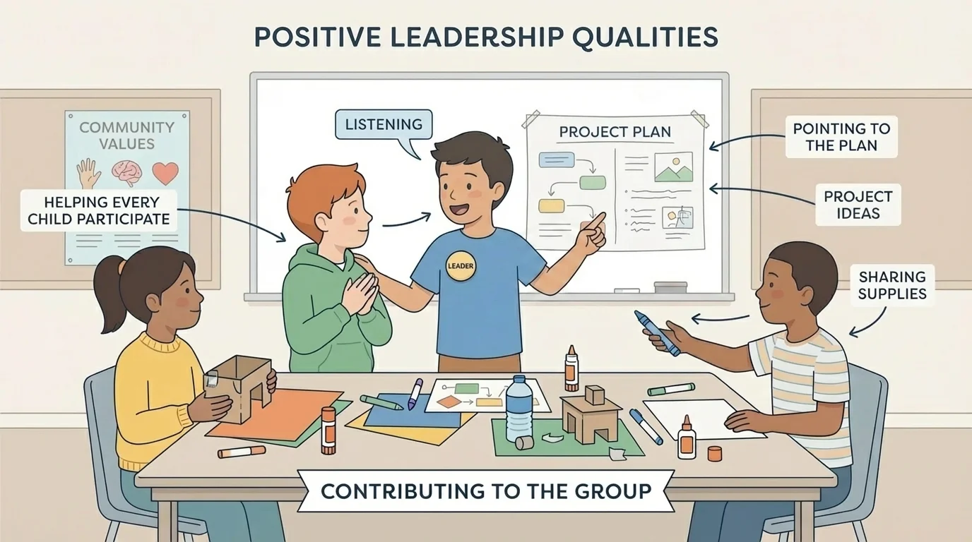 Children working on a class project while one student listens, shares supplies, points to the plan, and helps every child participate