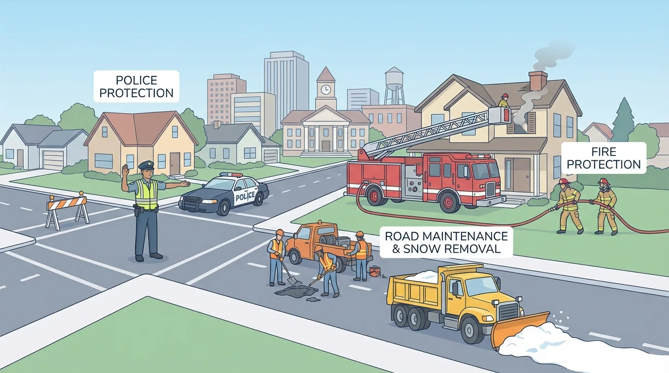 neighborhood scene with police officer helping traffic and firefighters responding to a small house fire, with city buildings nearby