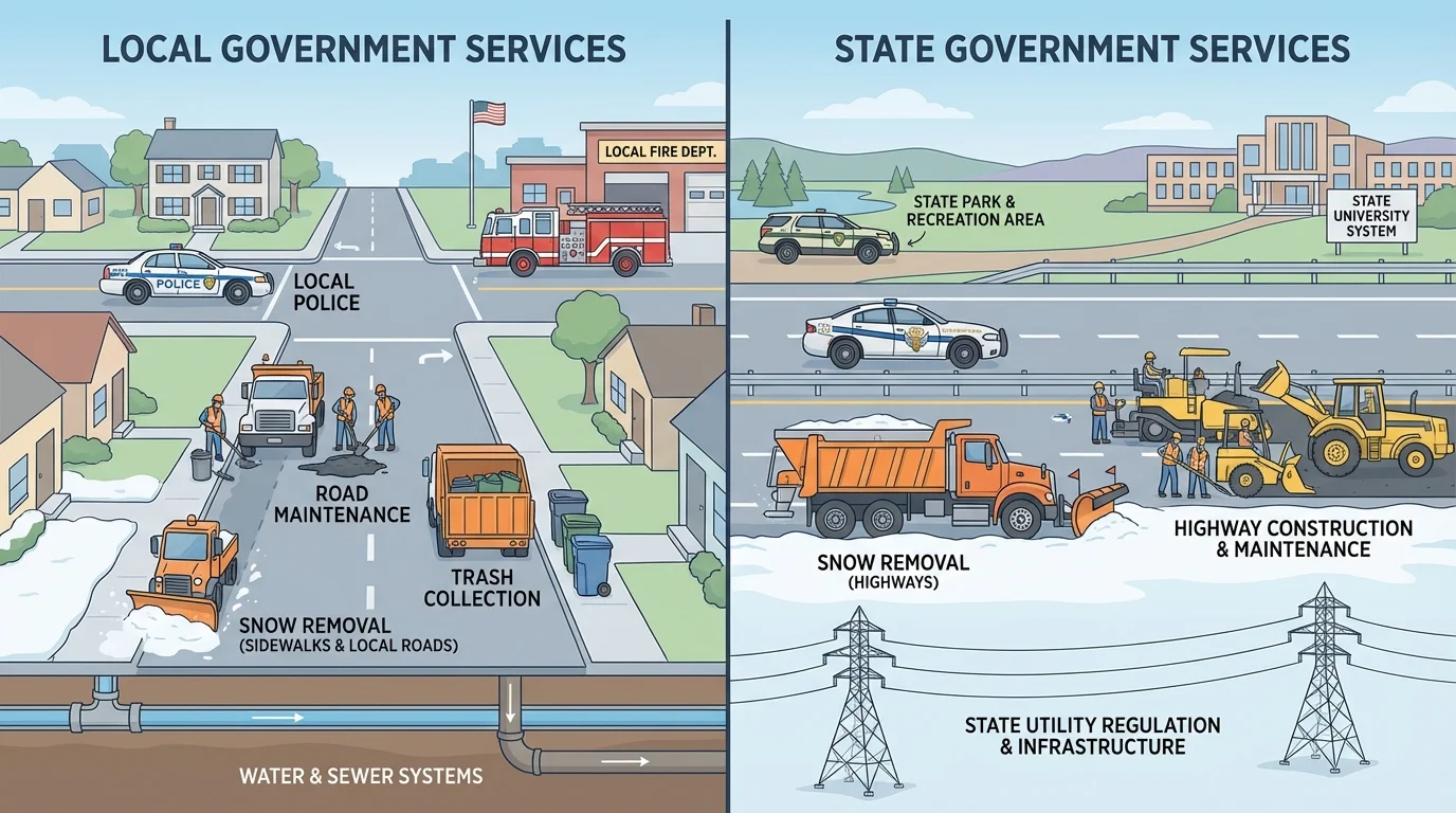 split scene showing a local street and a larger state highway, with local workers on one side and state workers on the other