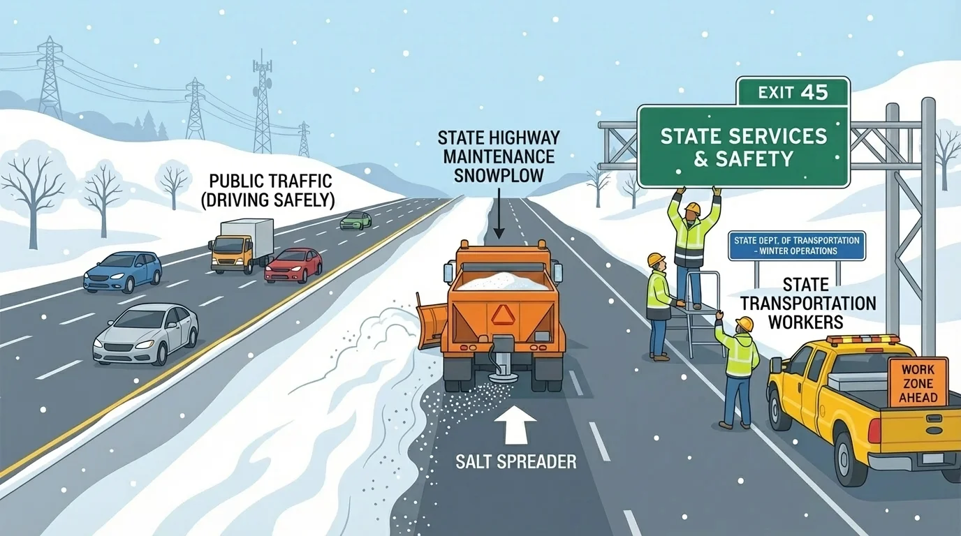 snowplow clearing a large highway while state workers check road signs and cars drive safely