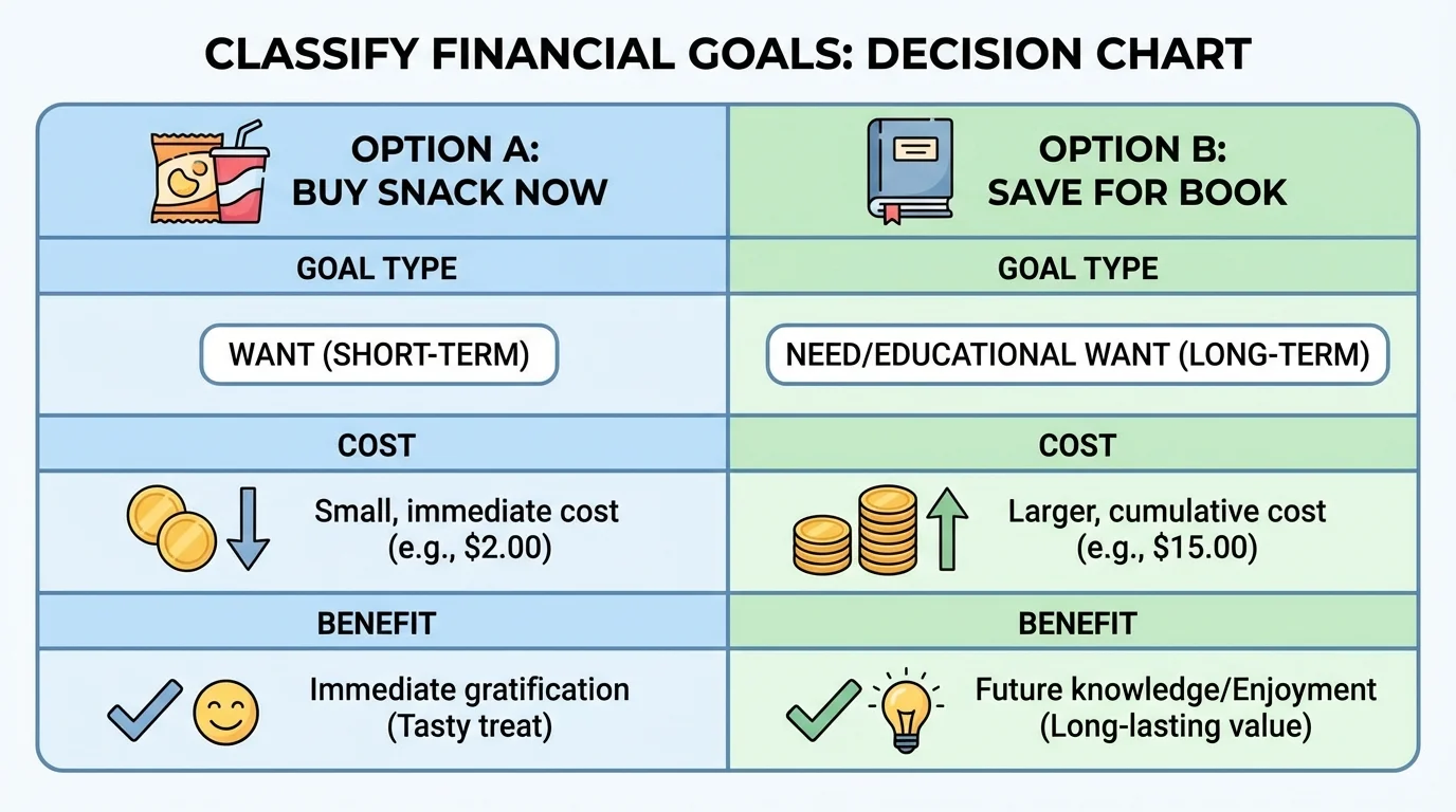two-column decision chart with option A buy snack now and option B save for book, showing costs and benefits with coin icons