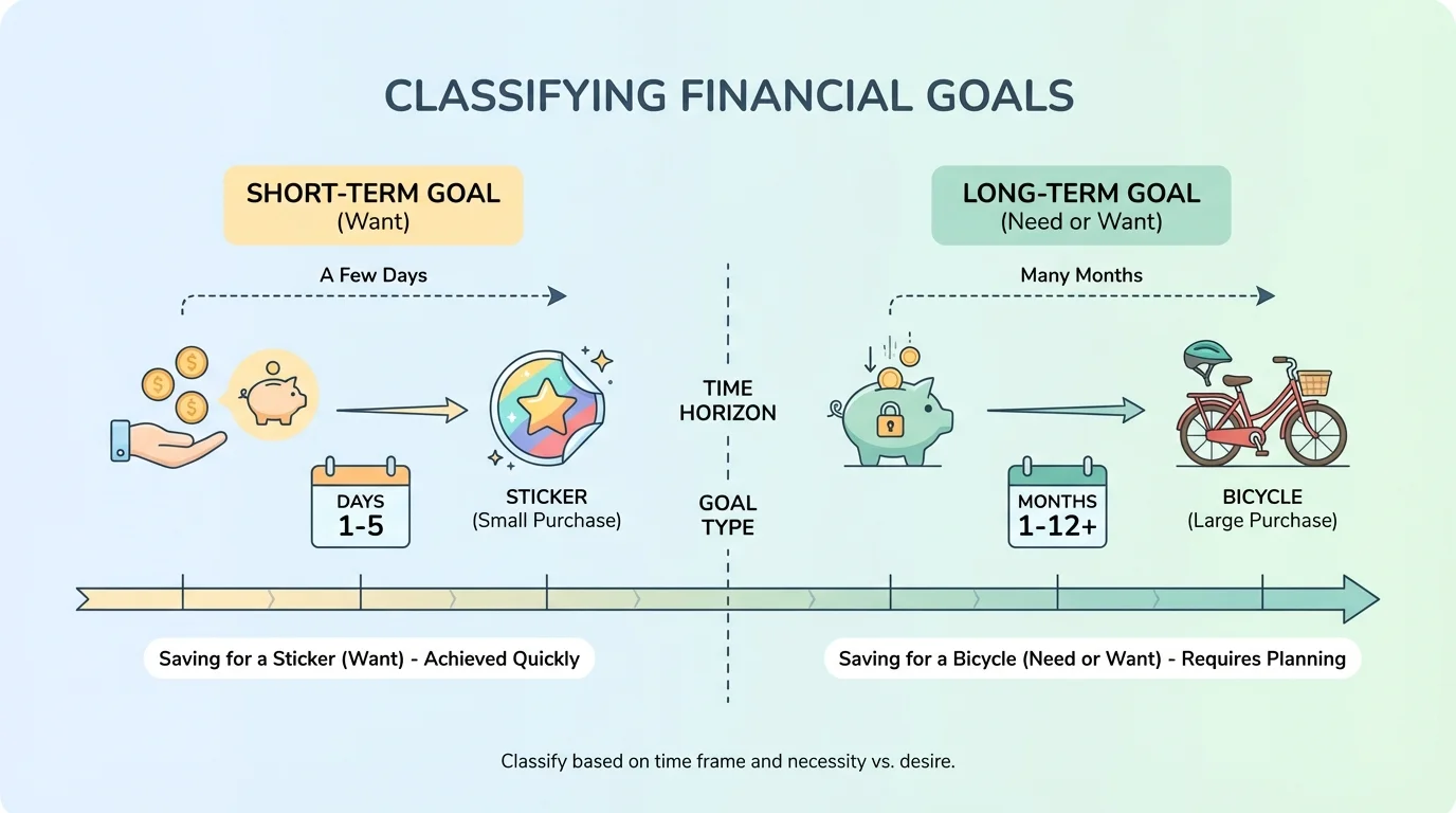 simple timeline showing saving for a sticker in a few days and saving for a bicycle over many months