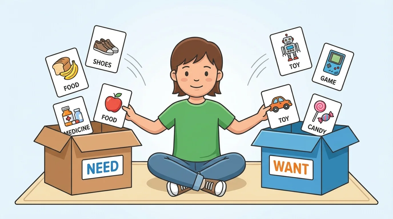 child sorting pictures of food, shoes, medicine, toy, candy, and game into two labeled boxes, Need and Want