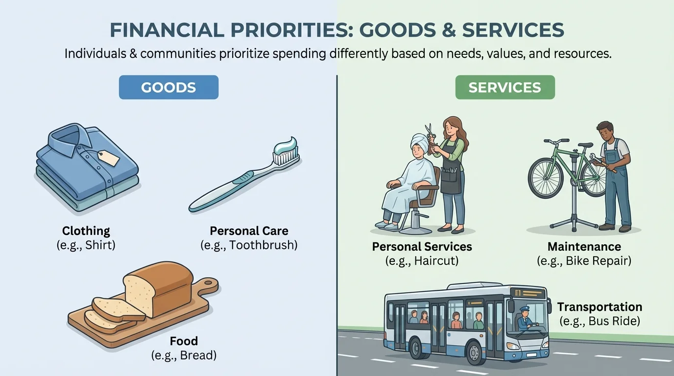 split scene showing goods such as a shirt, toothbrush, and bread on one side, and services such as a haircut, bike repair, and bus ride on the other side