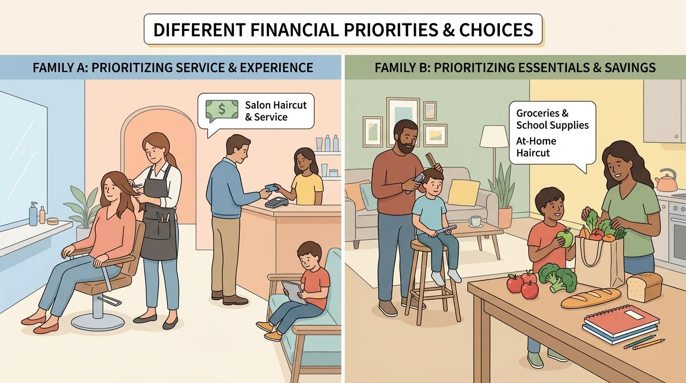 side-by-side families making different spending choices, one paying for a salon haircut and the other cutting hair at home while buying groceries or school supplies