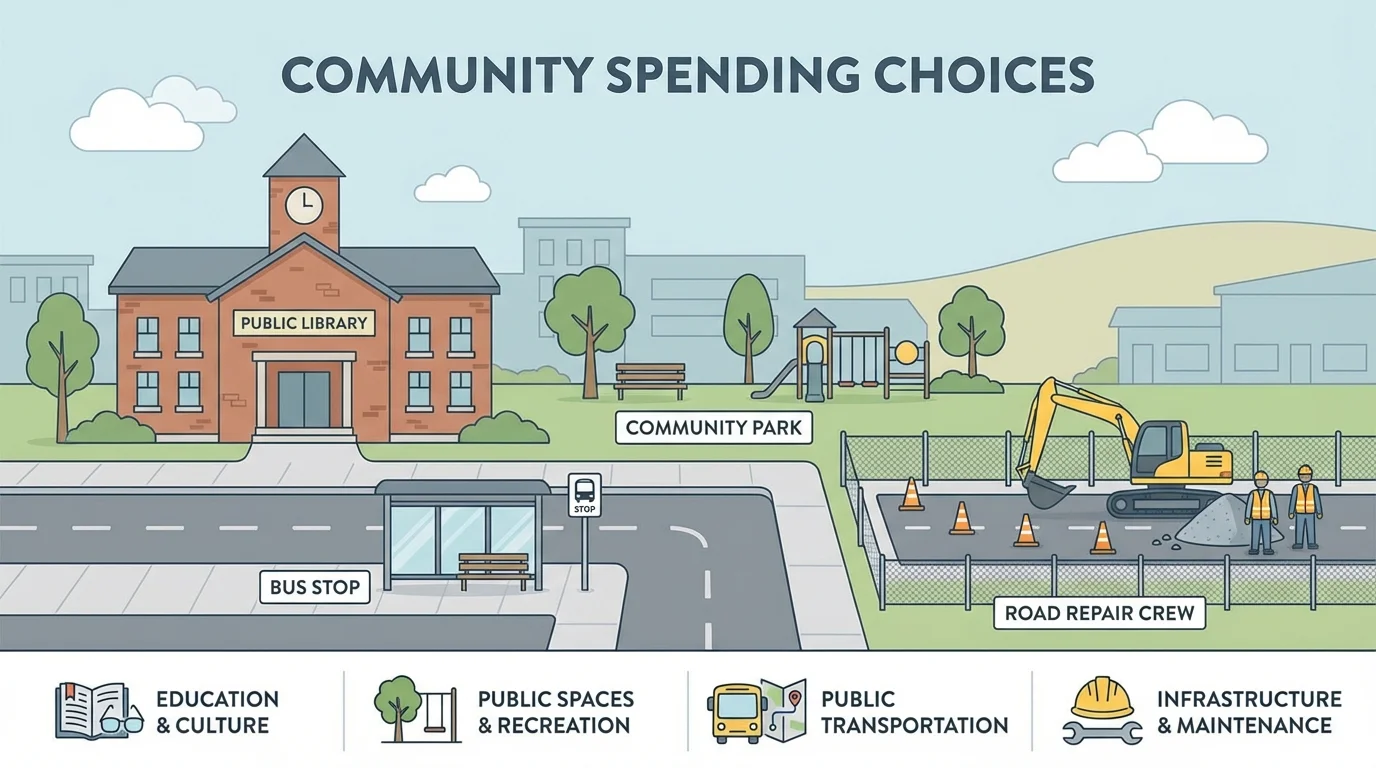 simple town scene with a library, park, bus stop, and road repair crew to show different community spending choices